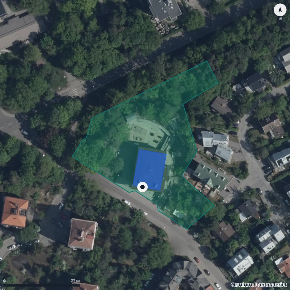 Flygbild över Förskolan Grågåsen, ortofoto från Lantmäteriet