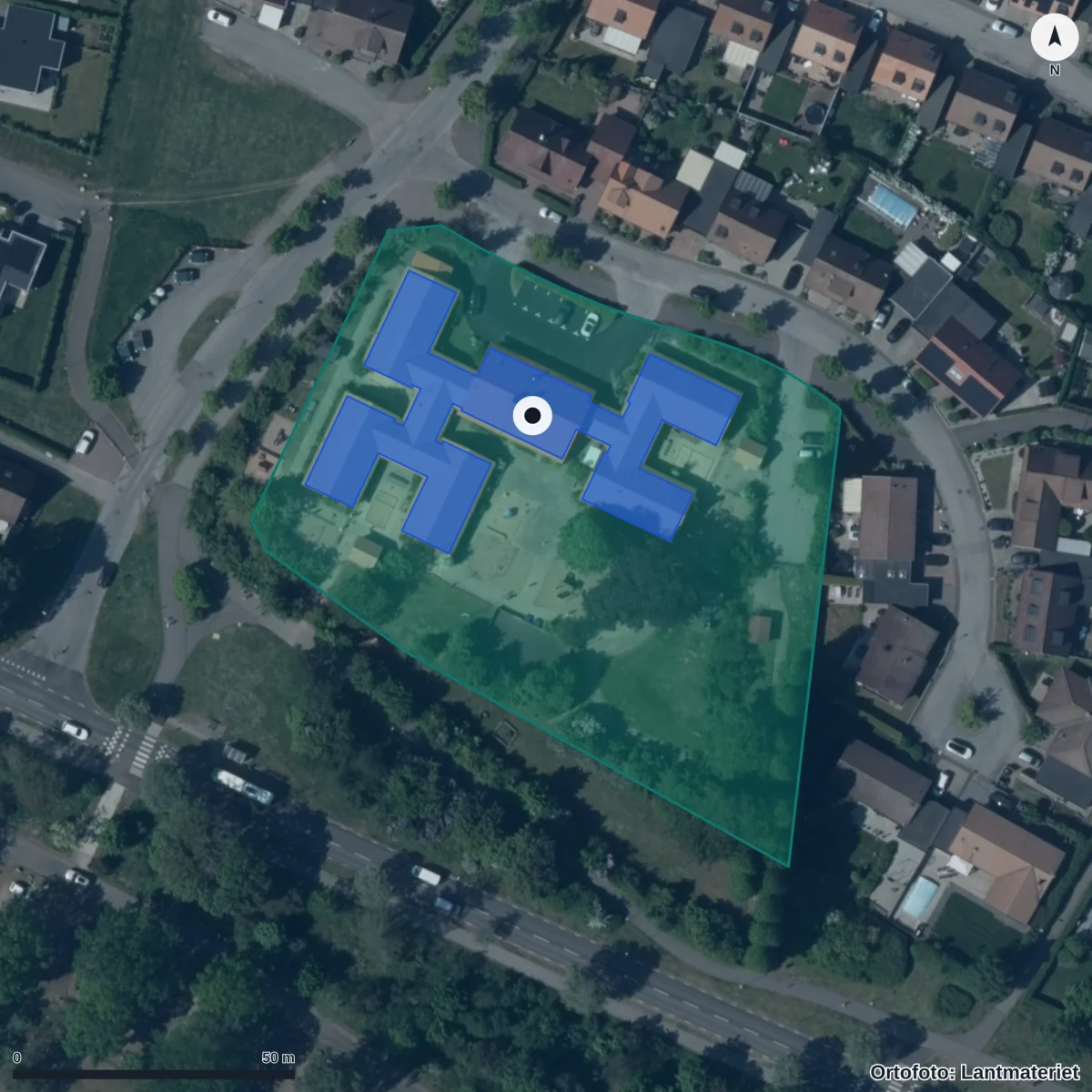 Flygbild över Dalajärs Förskola, ortofoto från Lantmäteriet