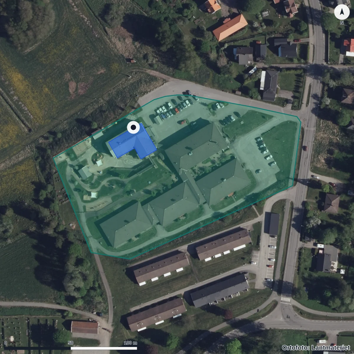 Flygbild över Hökerums Förskola, ortofoto från Lantmäteriet