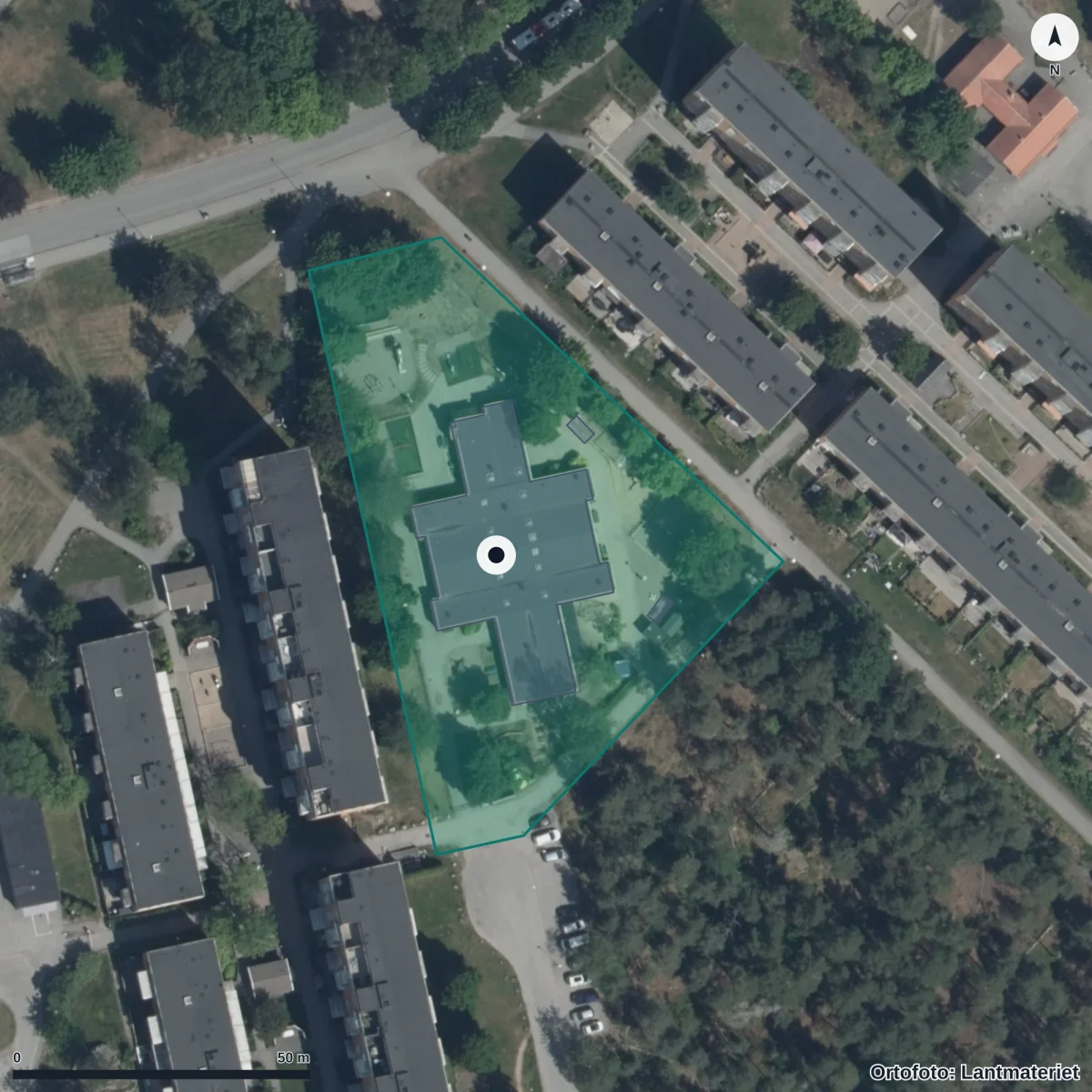 Flygbild över Måsens Förskola, ortofoto från Lantmäteriet