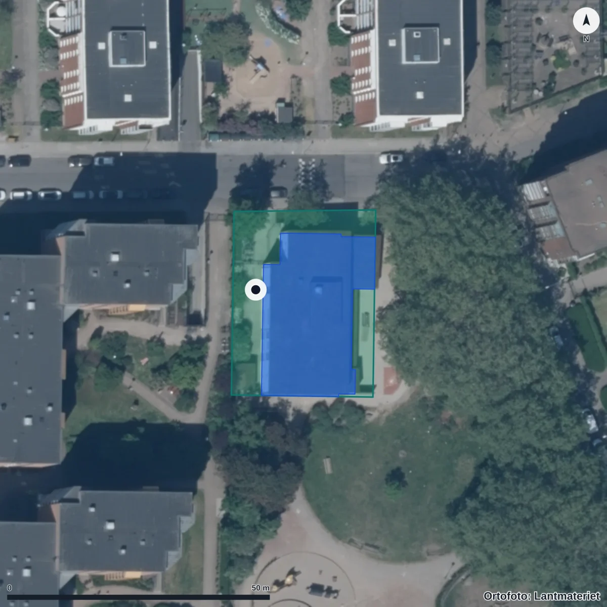 Flygbild över Sjöhästens Förskola, ortofoto från Lantmäteriet