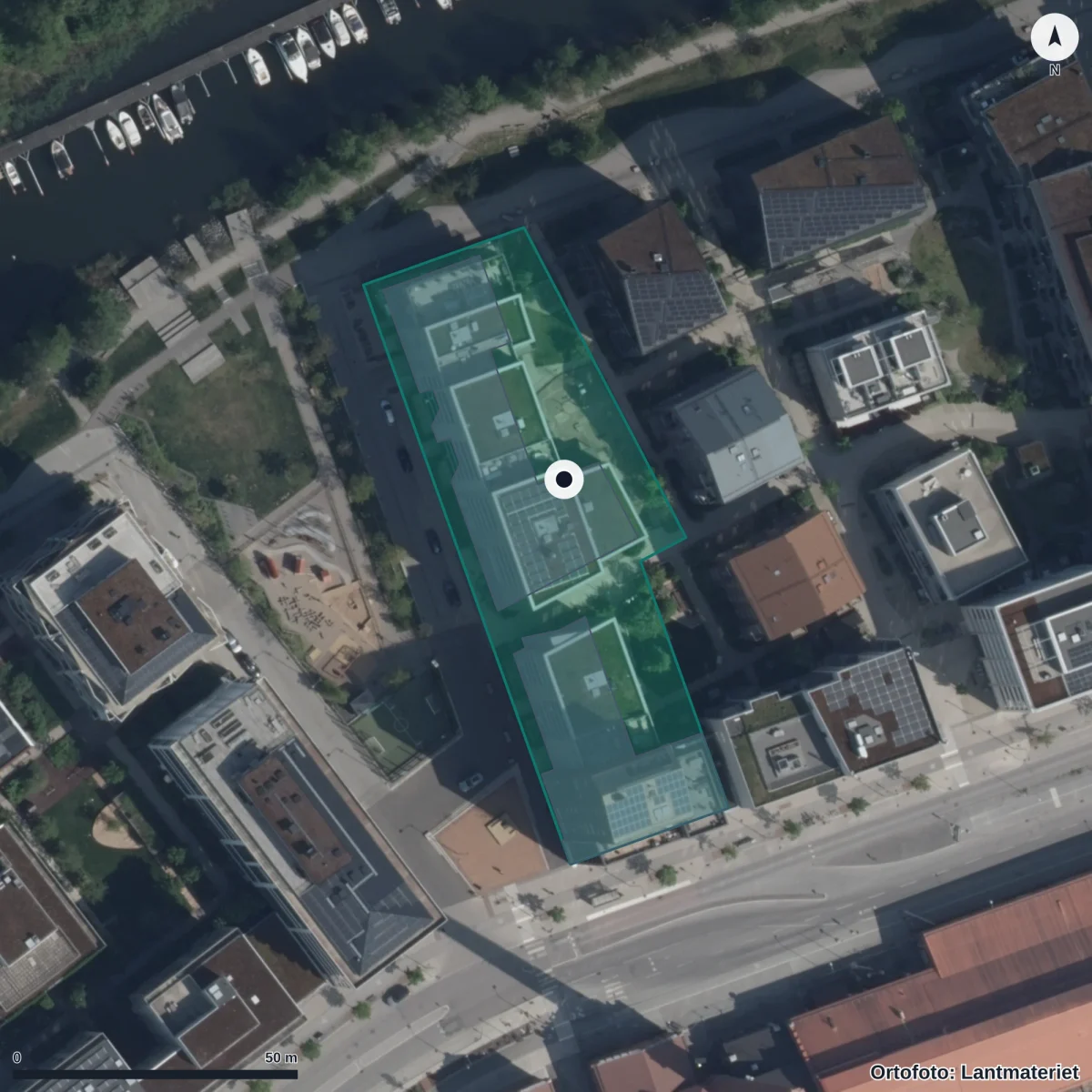 Flygbild över Engelska Förskolan Norra Djurgårdsstaden, ortofoto från Lantmäteriet