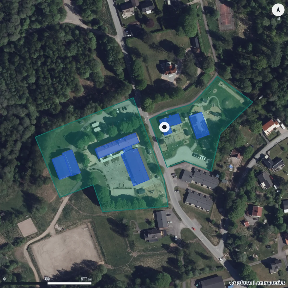 Flygbild över Landbo Förskola, ortofoto från Lantmäteriet