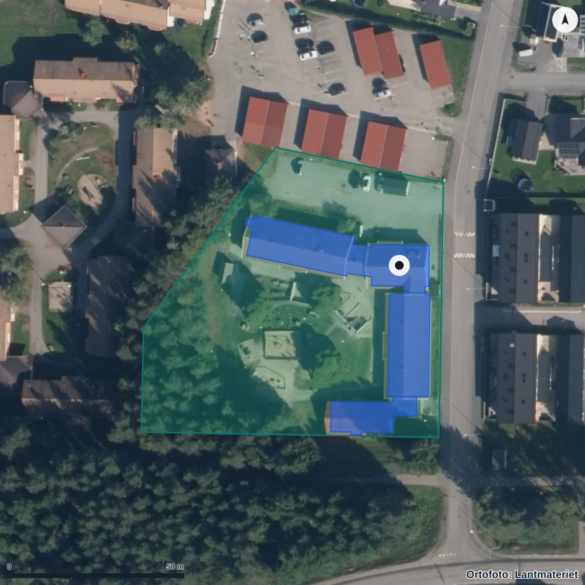 Flygbild över Förskolan Pilbacken, ortofoto från Lantmäteriet
