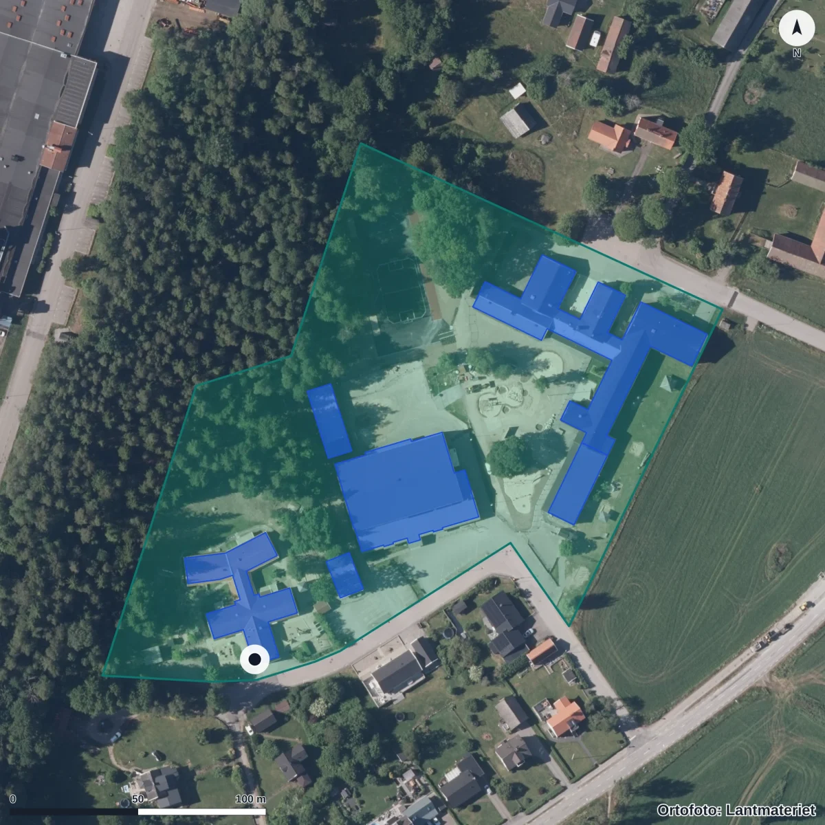 Flygbild över Gemla Förskola, ortofoto från Lantmäteriet