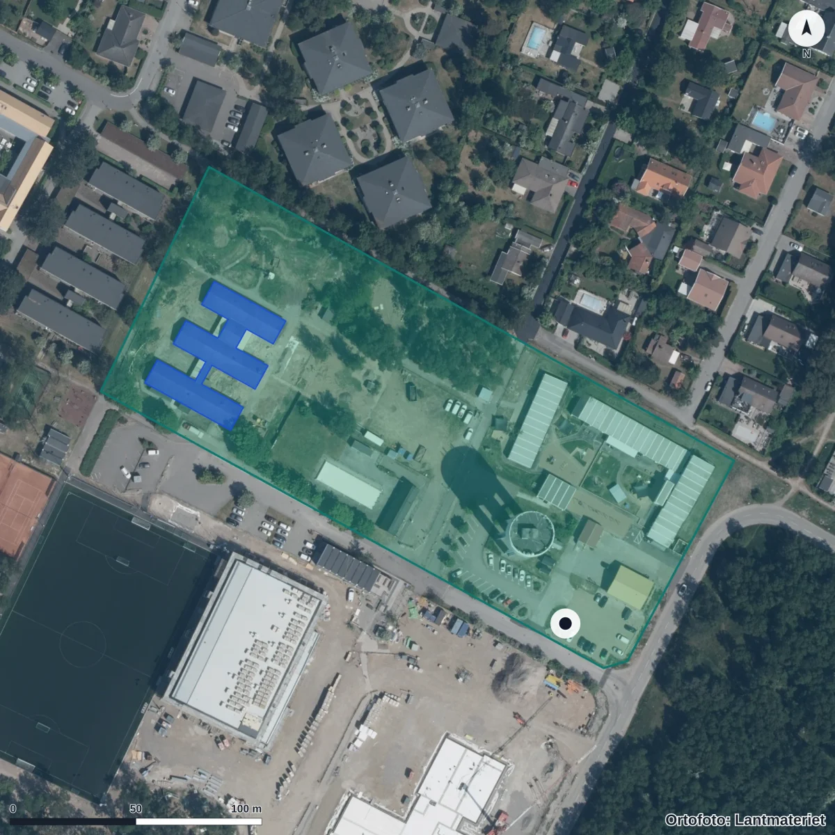Flygbild över Tångvallas Förskola, ortofoto från Lantmäteriet