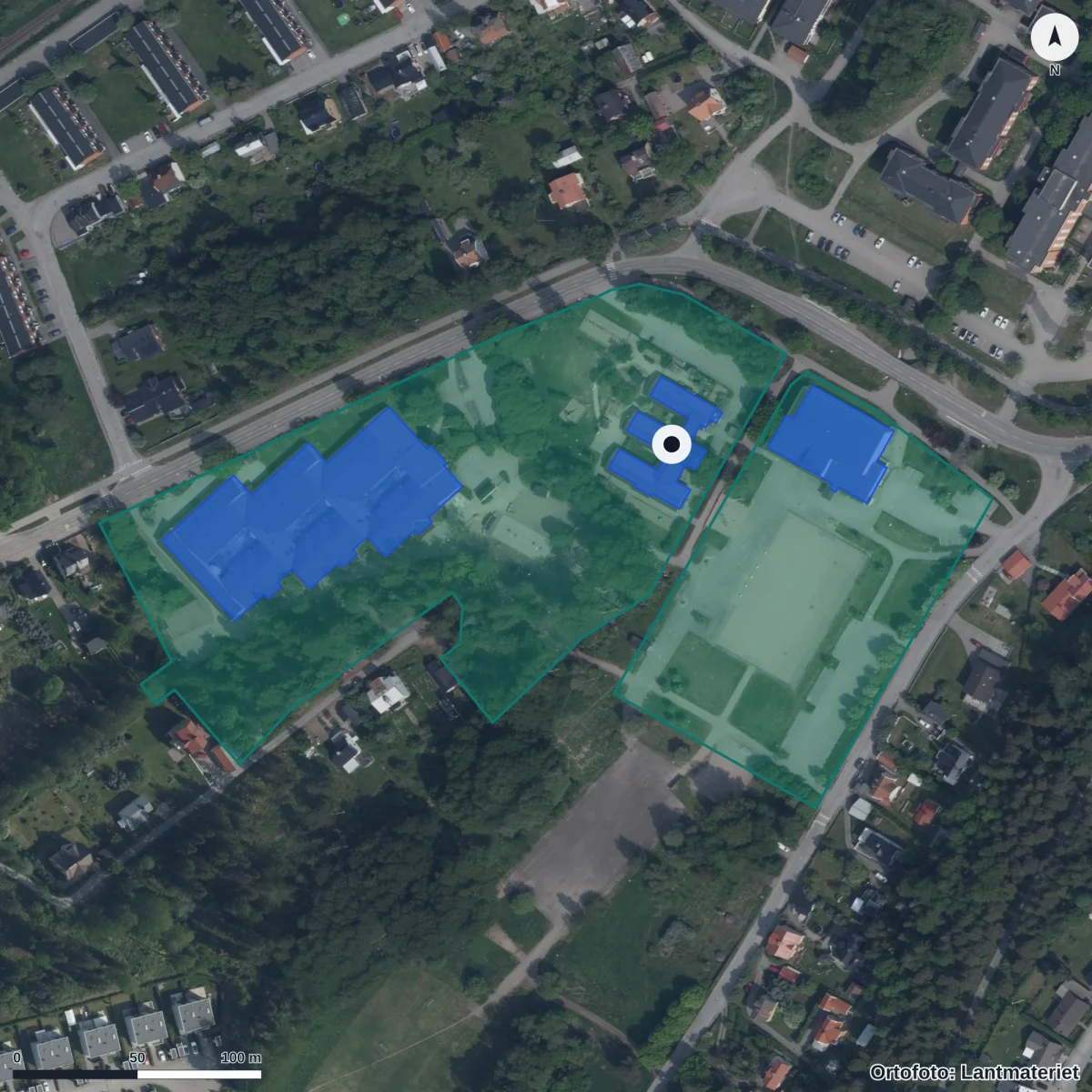 Flygbild över Källö Förskola, ortofoto från Lantmäteriet