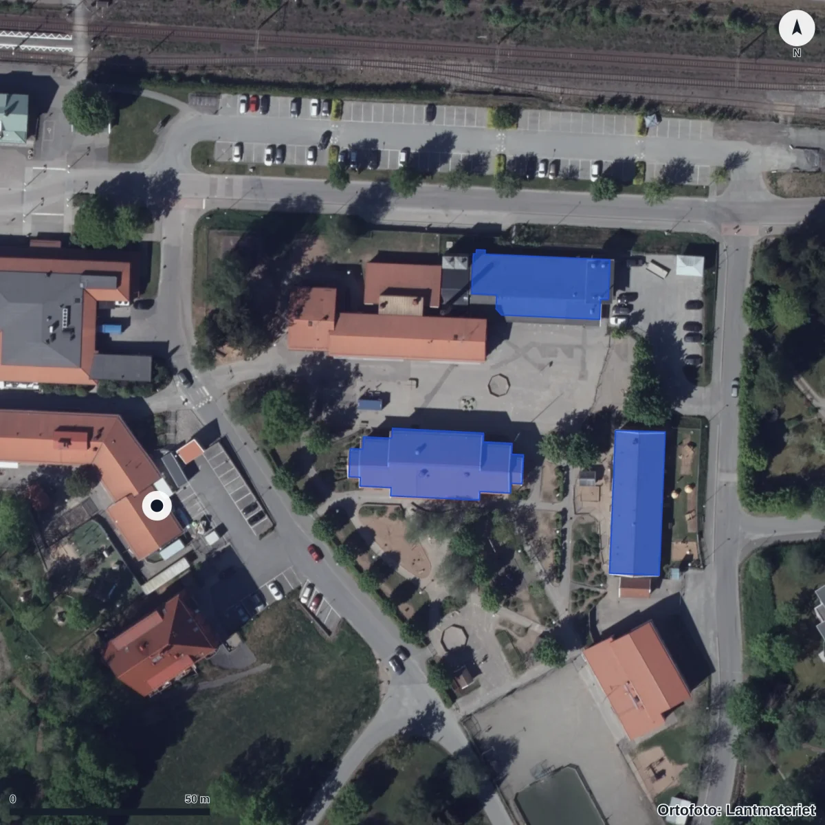 Flygbild över Hindås Förskola, ortofoto från Lantmäteriet