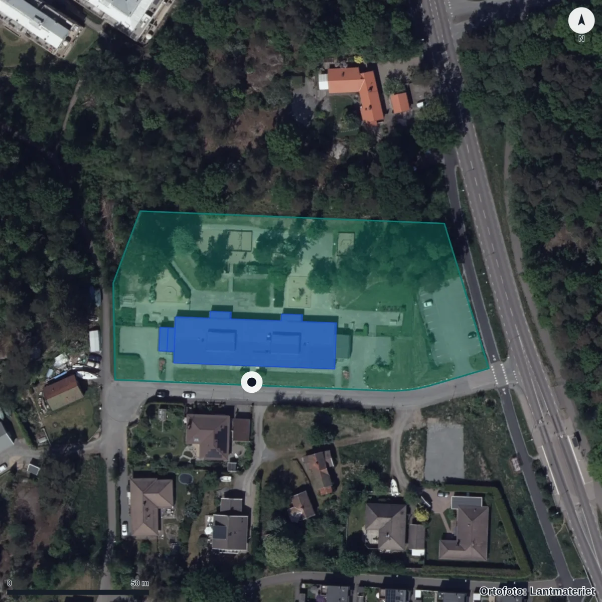 Flygbild över Lindebovägen 1 Förskola, ortofoto från Lantmäteriet