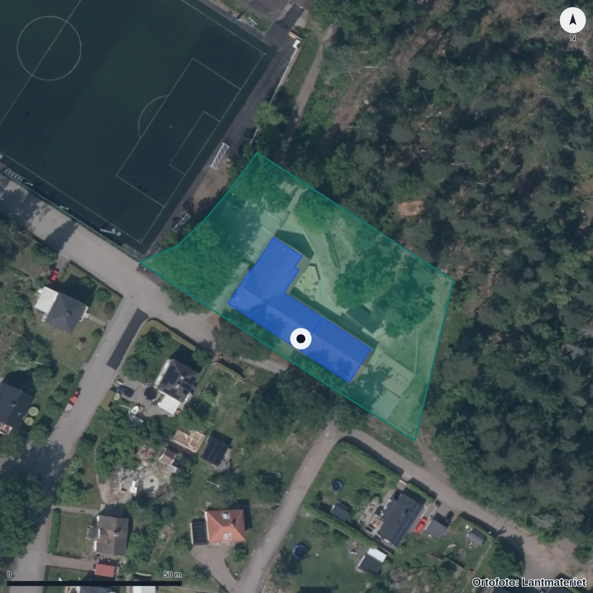 Flygbild över Förskolan Eken, ortofoto från Lantmäteriet