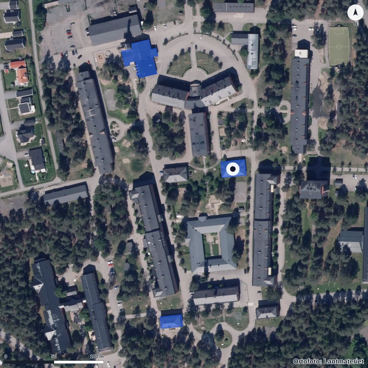 Flygbild över Förskolan Pratbubblan Vindeln, ortofoto från Lantmäteriet