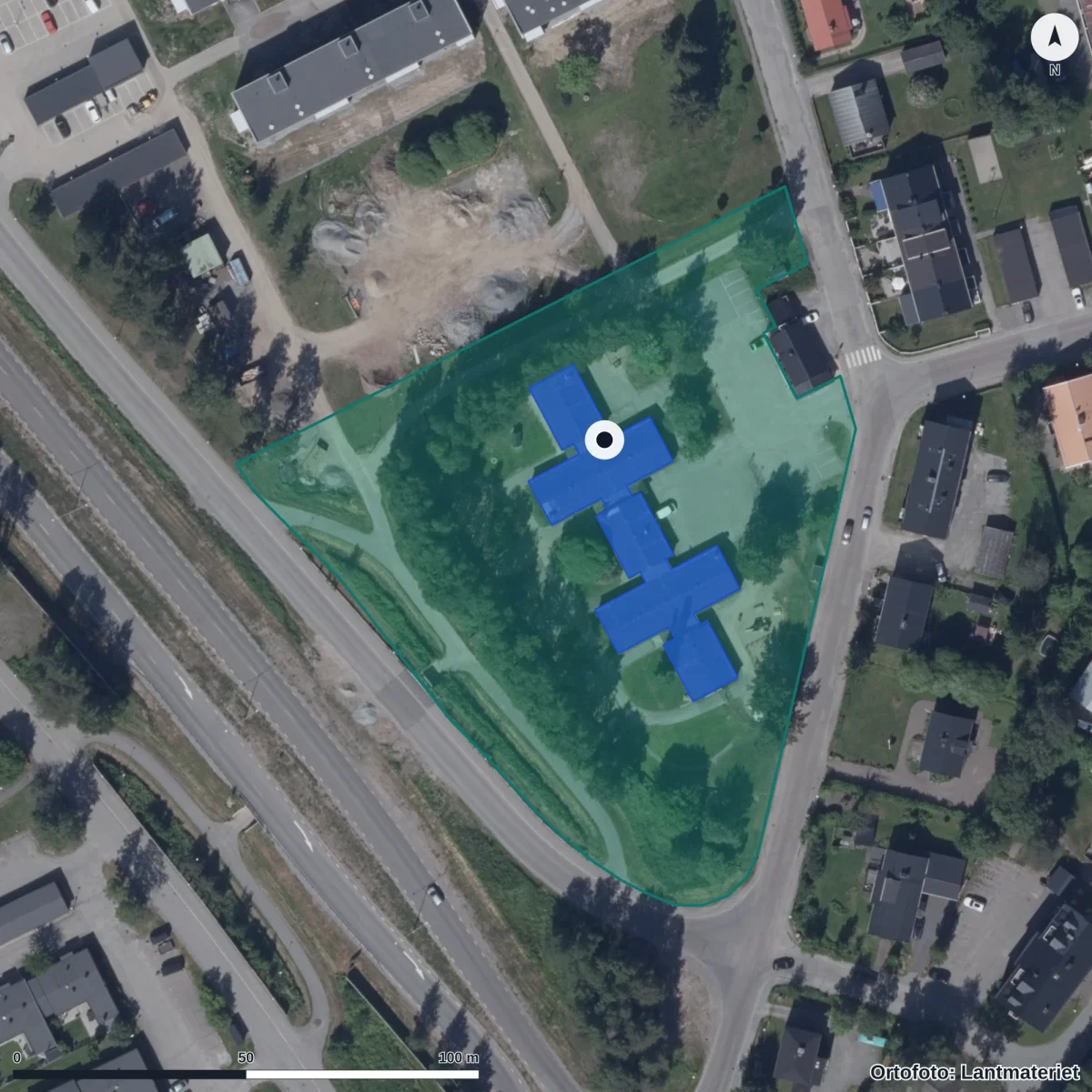 Flygbild över Burströmska Förskola, ortofoto från Lantmäteriet