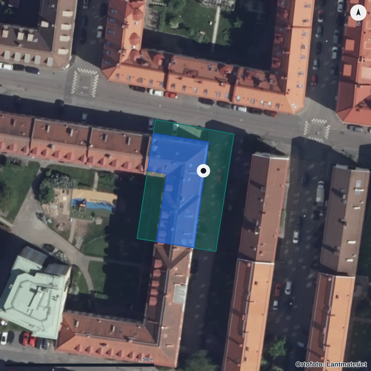 Flygbild över Dibber Räntmästaregatan Förskola, ortofoto från Lantmäteriet