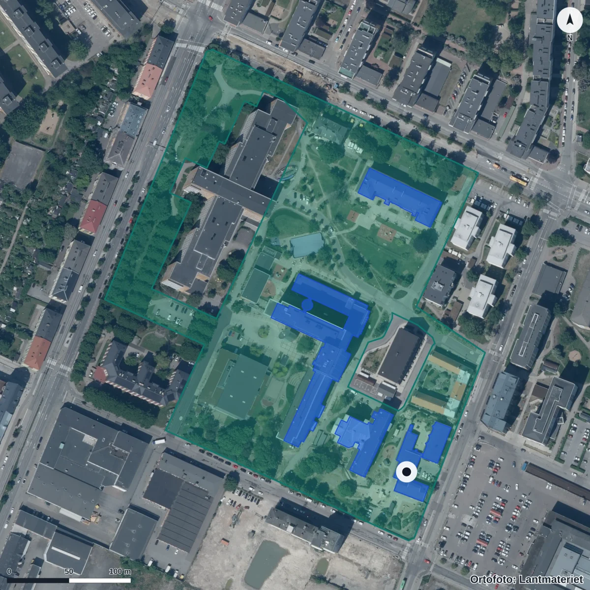 Flygbild över Rönnens Förskola, ortofoto från Lantmäteriet