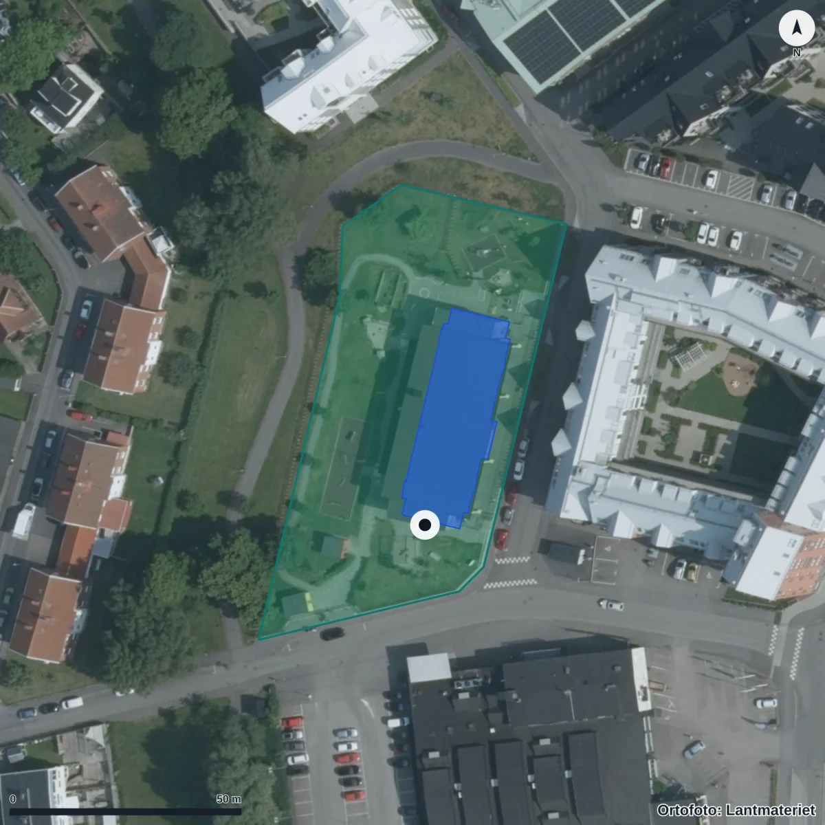 Flygbild över Flygarens Förskola, ortofoto från Lantmäteriet