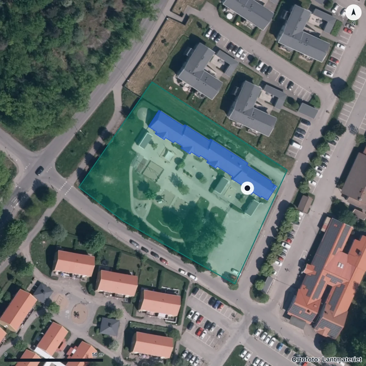 Flygbild över Lyckans Förskola, ortofoto från Lantmäteriet