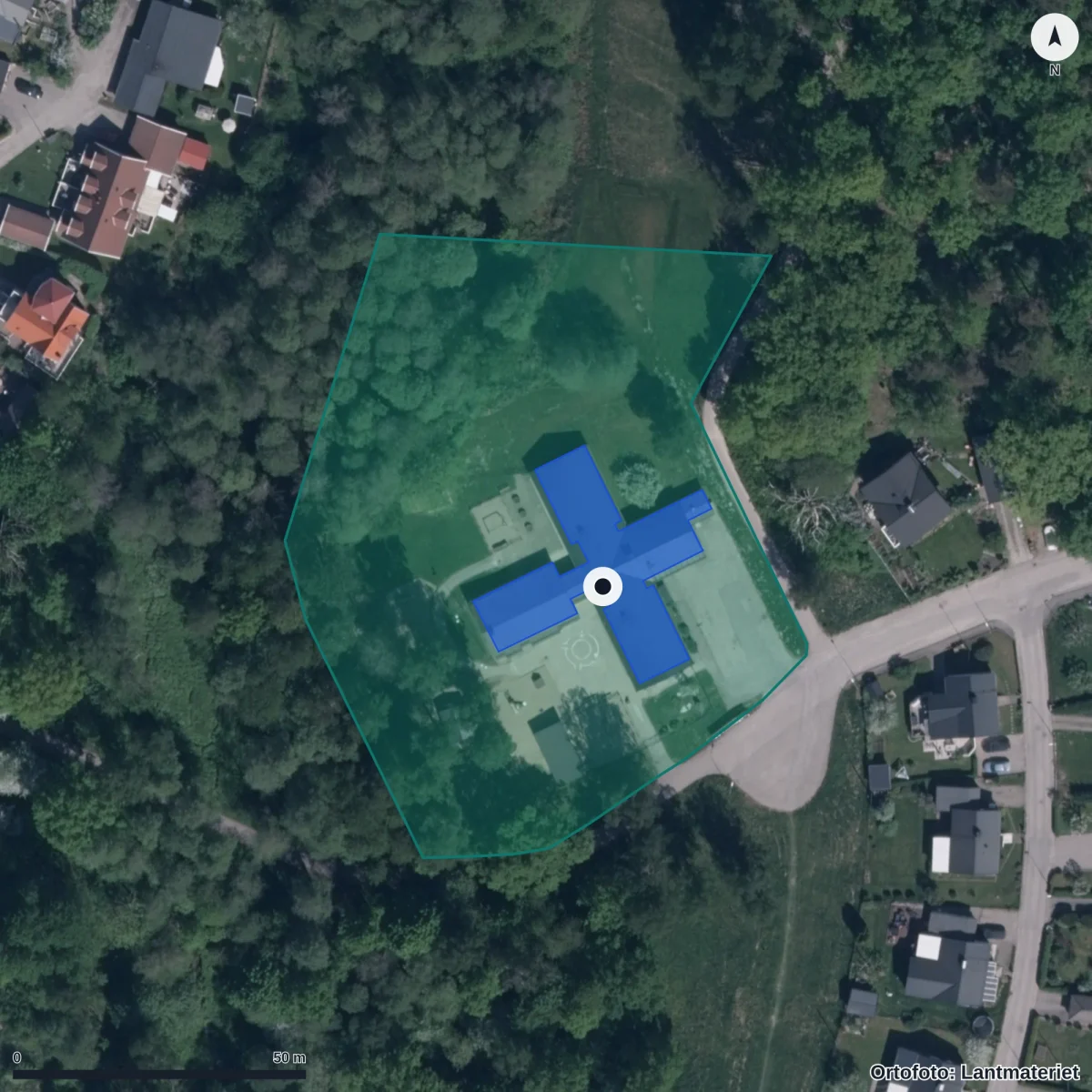 Flygbild över Kvarnens Förskola, ortofoto från Lantmäteriet