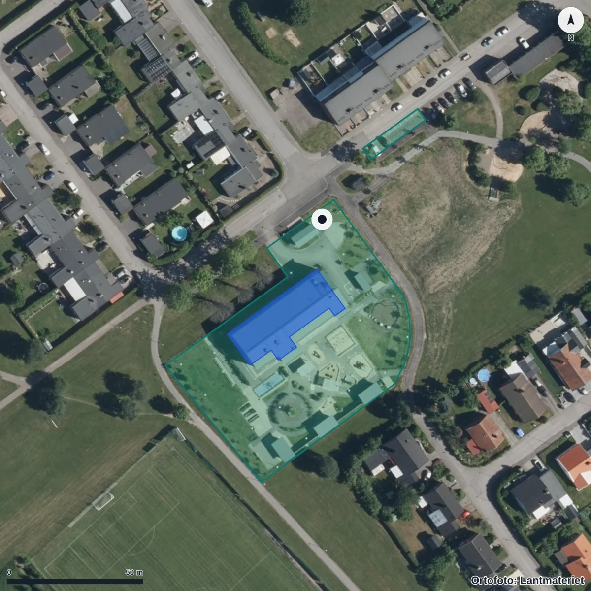 Flygbild över Vrinneviskogens Förskola, ortofoto från Lantmäteriet