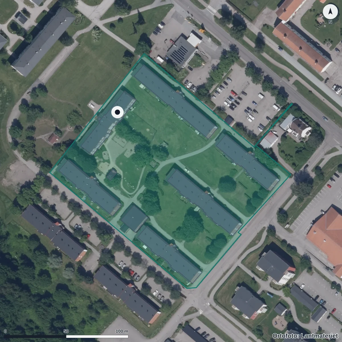 Flygbild över Mehedeby Förskola, ortofoto från Lantmäteriet