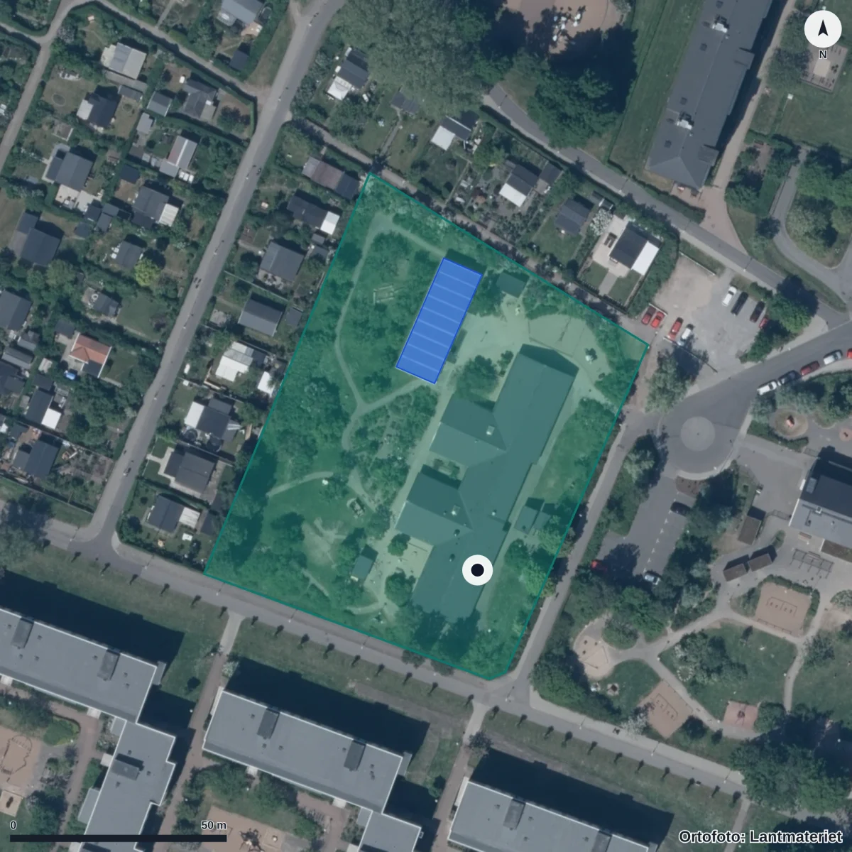 Flygbild över Ärtgårdens Förskola, ortofoto från Lantmäteriet