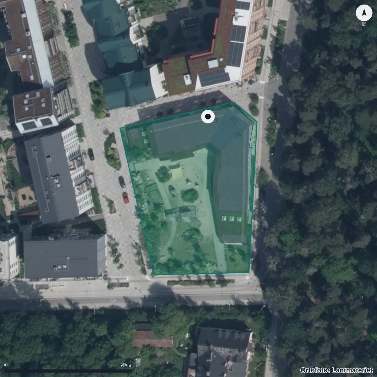 Flygbild över Grindstugans Förskola, ortofoto från Lantmäteriet