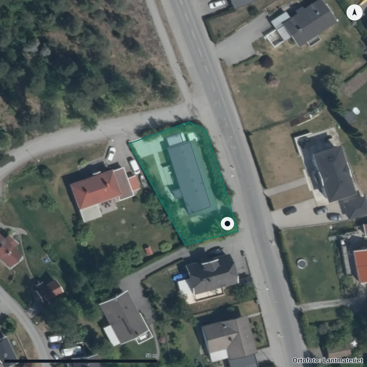 Flygbild över Vattentornets Förskola, ortofoto från Lantmäteriet