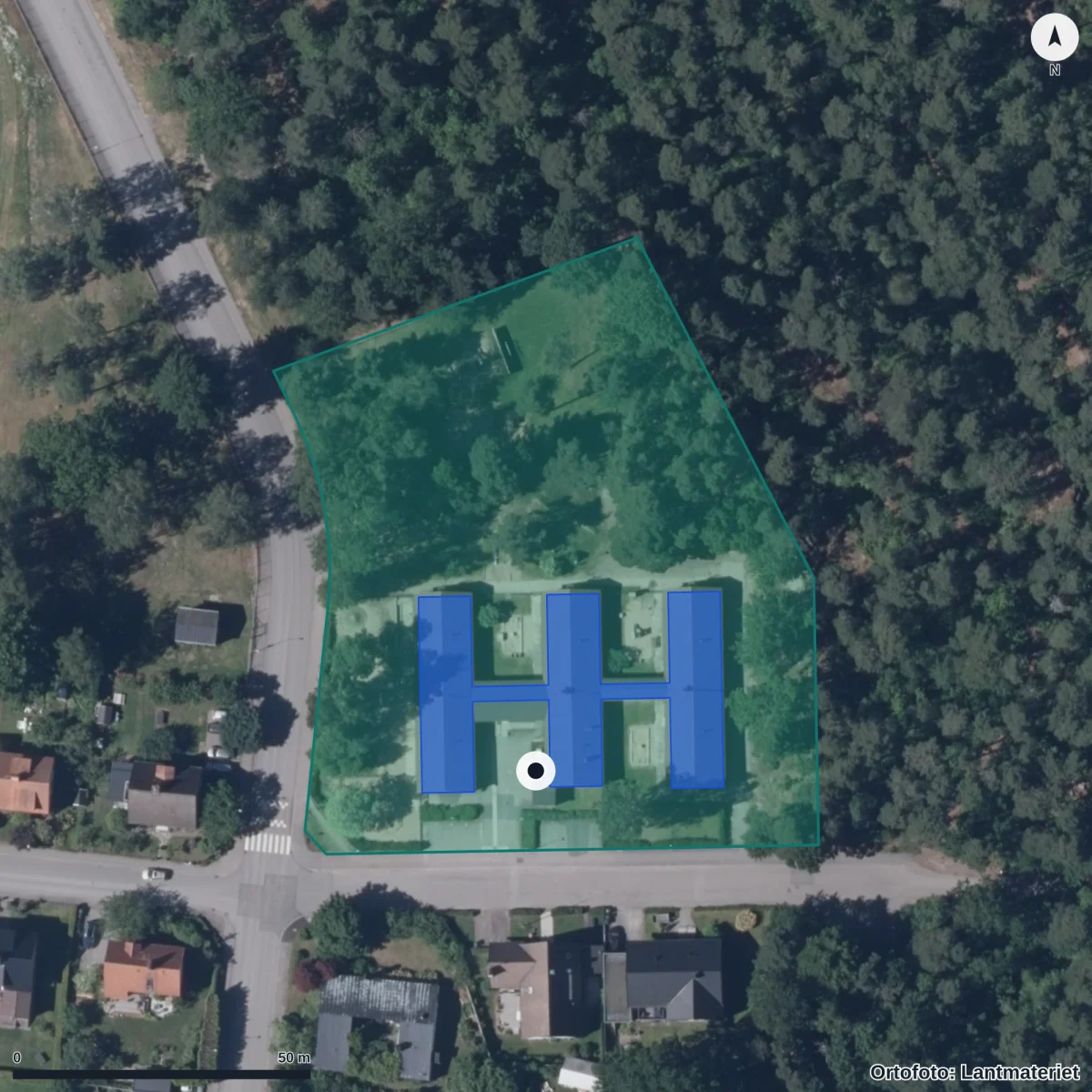 Flygbild över Fagrabäcks Förskola, ortofoto från Lantmäteriet