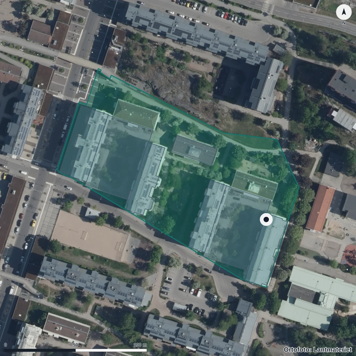 Flygbild över Kardemumma Förskola, Kvarnby, ortofoto från Lantmäteriet