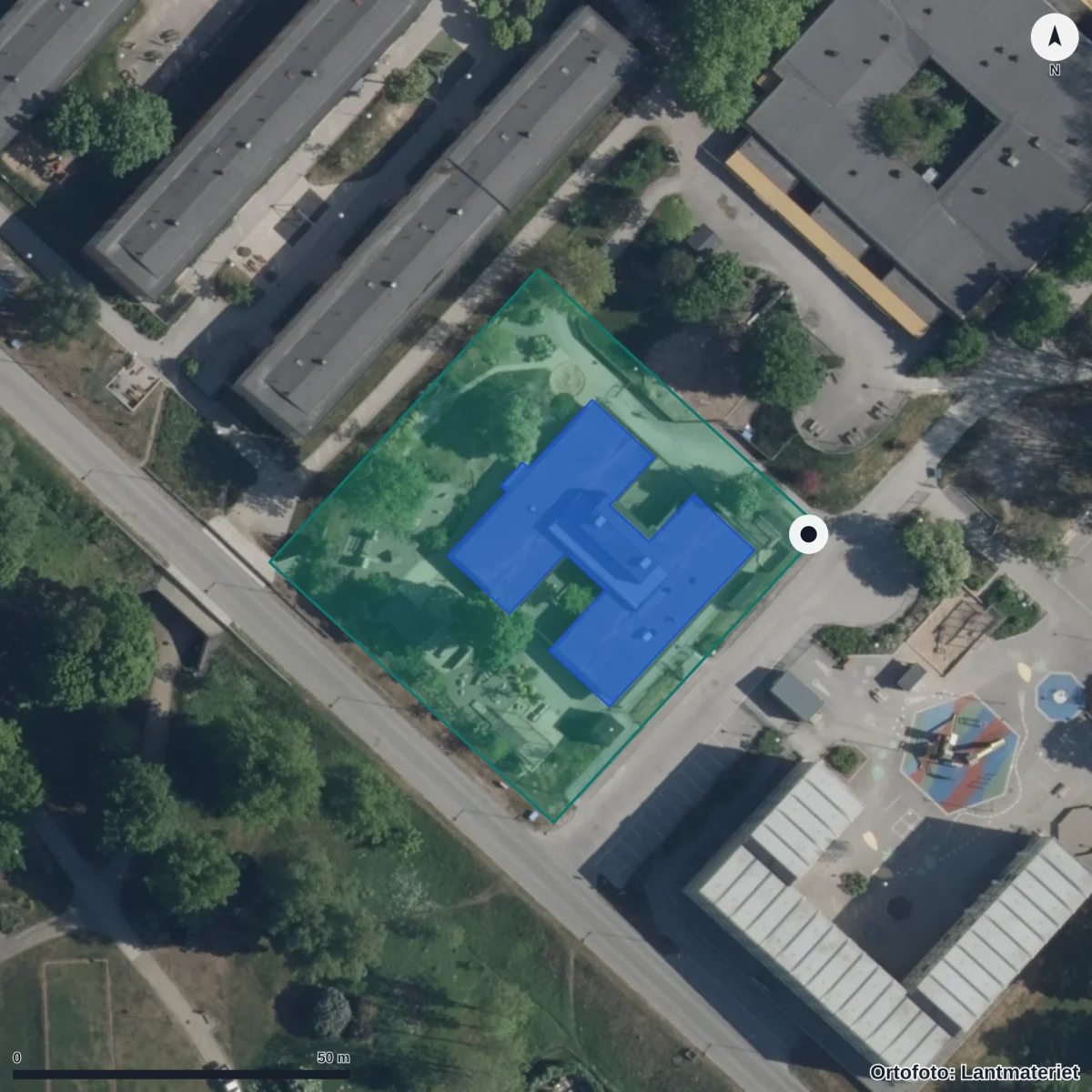 Flygbild över Nyckelpigans Förskola, ortofoto från Lantmäteriet