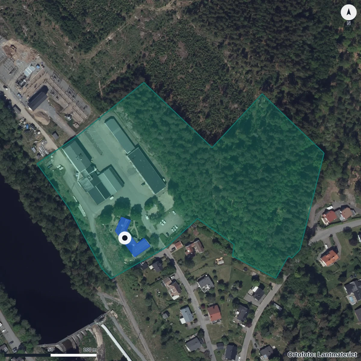 Flygbild över Strömbackens Förskola, ortofoto från Lantmäteriet