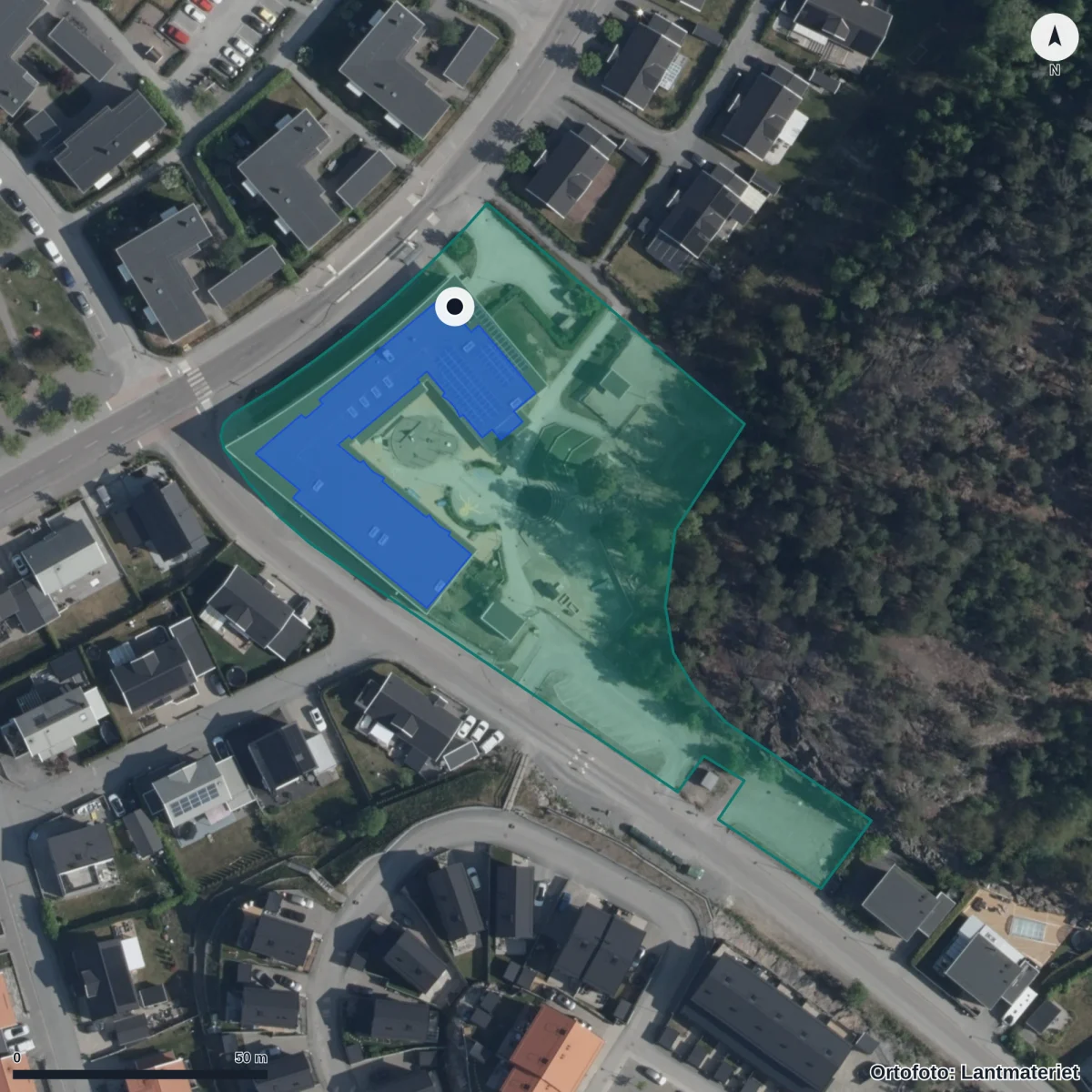 Flygbild över Förskolan Nova, ortofoto från Lantmäteriet