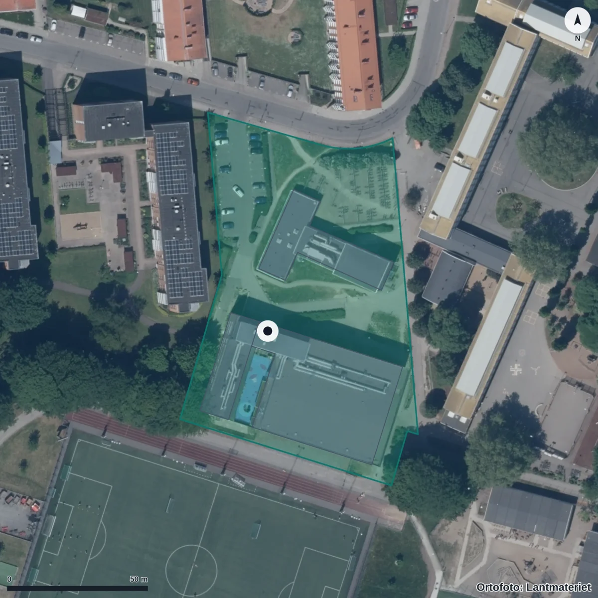 Flygbild över Grönalunds Förskola, ortofoto från Lantmäteriet