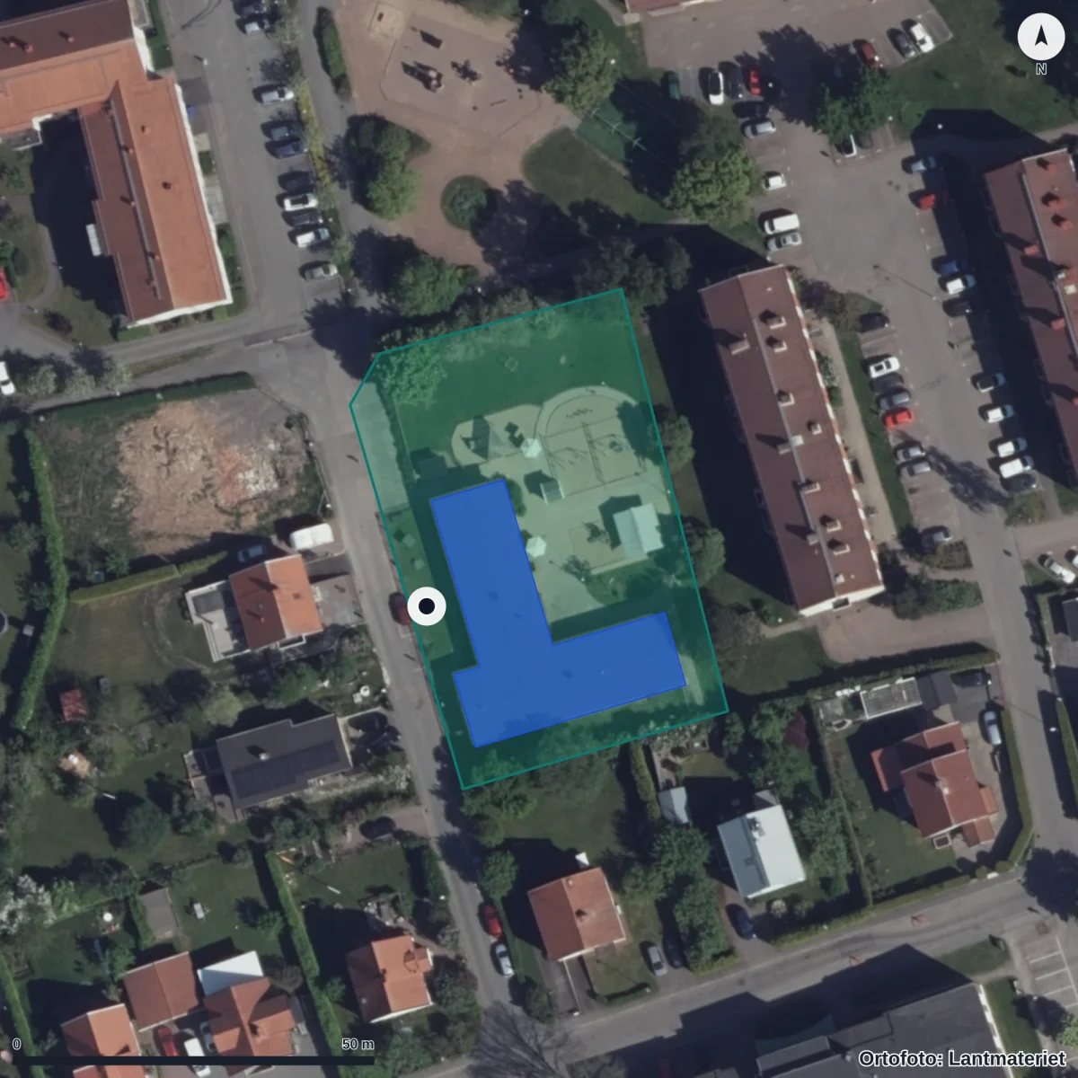 Flygbild över Hagåkers Förskola, ortofoto från Lantmäteriet