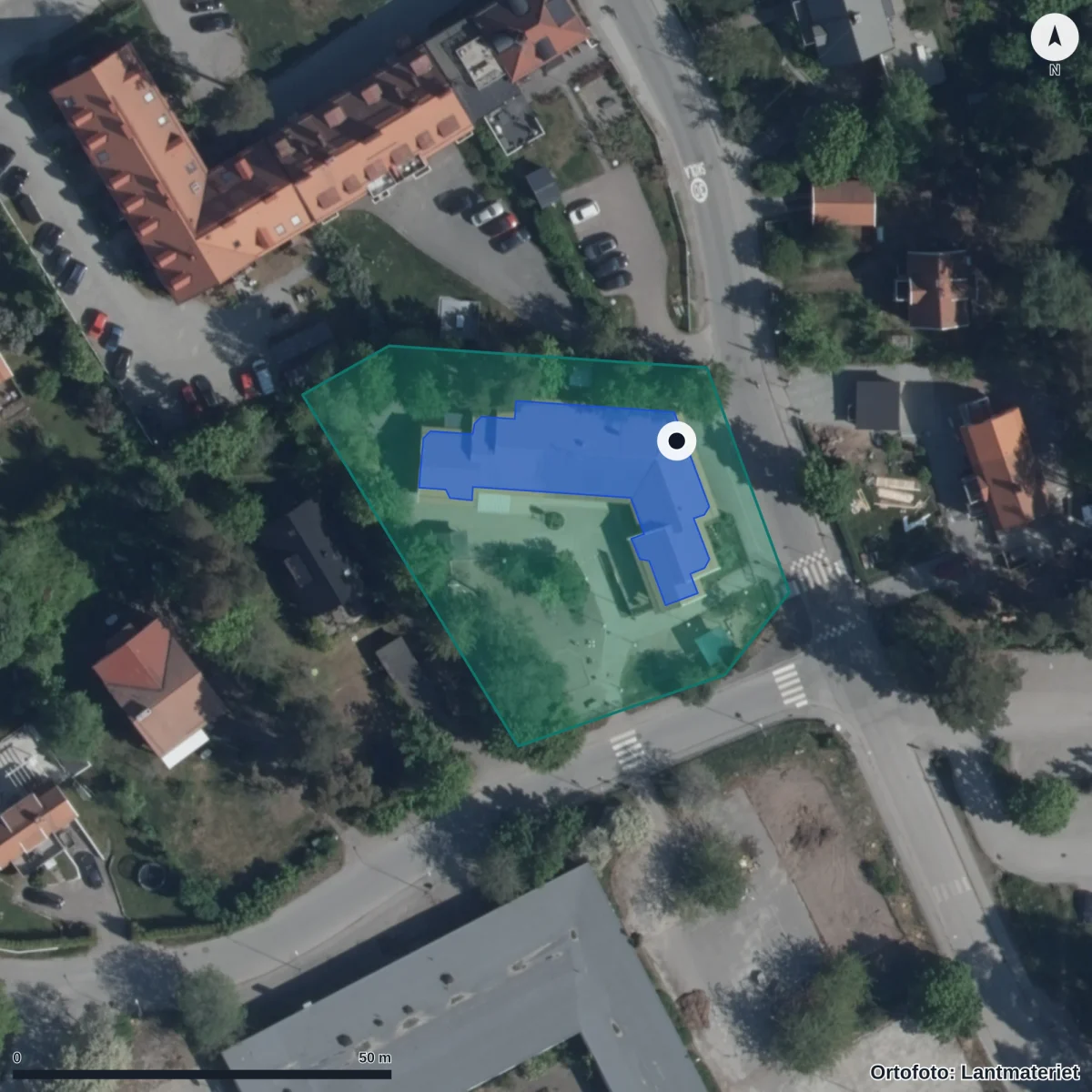 Flygbild över Dibber Hökarboden Förskola, ortofoto från Lantmäteriet