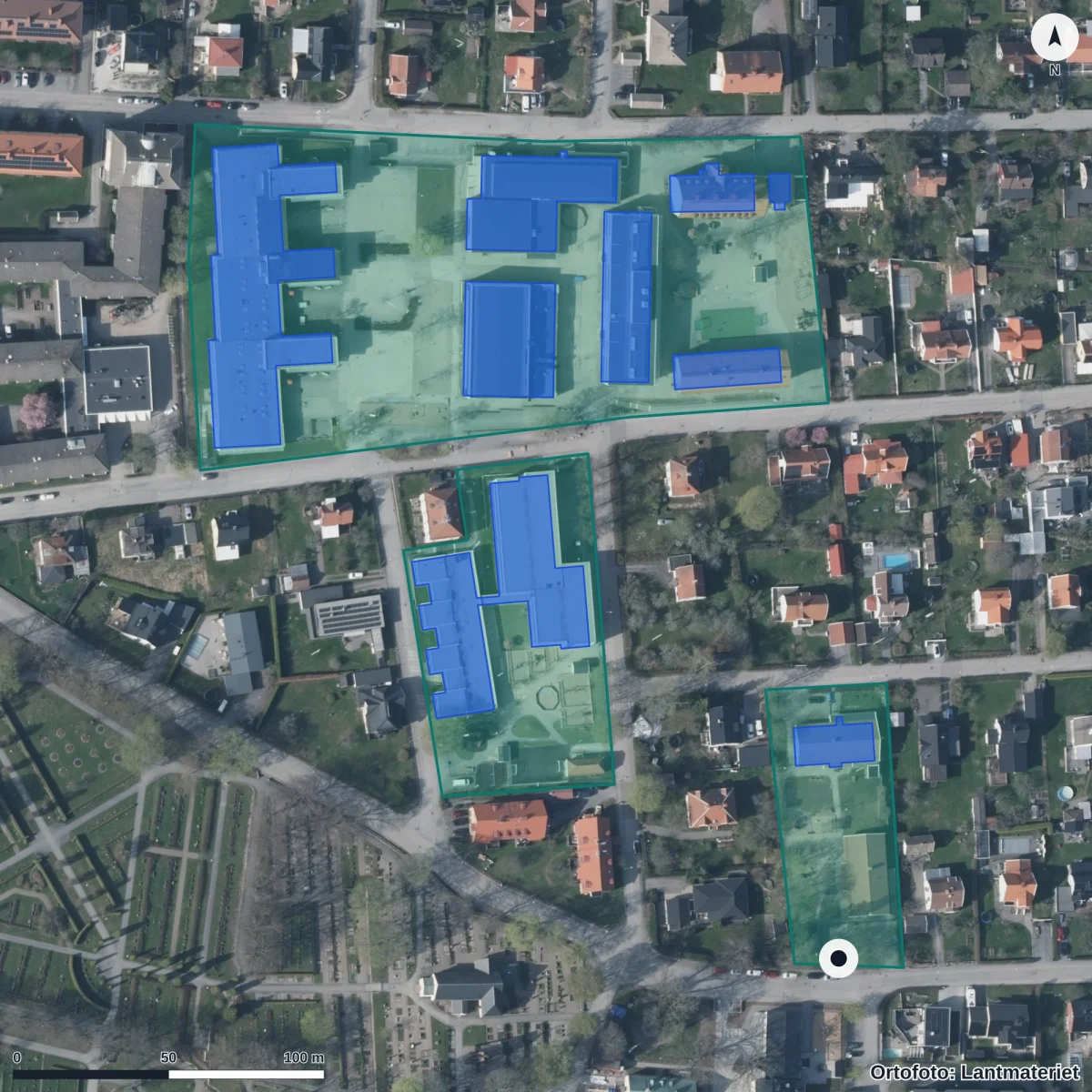 Flygbild över Södra Gården, ortofoto från Lantmäteriet