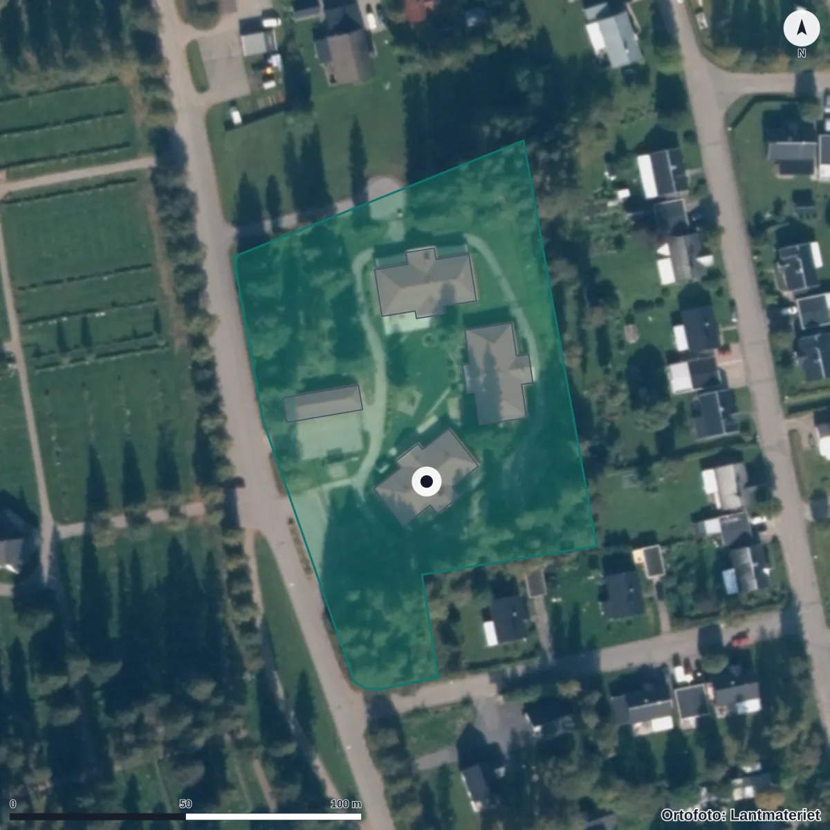 Flygbild över Rotnäsets Förskola, ortofoto från Lantmäteriet