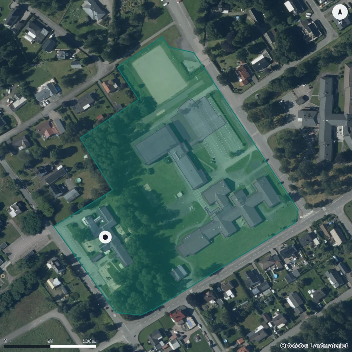 Flygbild över Lillgårdens Förskola, ortofoto från Lantmäteriet