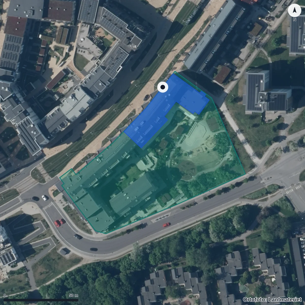 Flygbild över Solbjers Förskola, ortofoto från Lantmäteriet