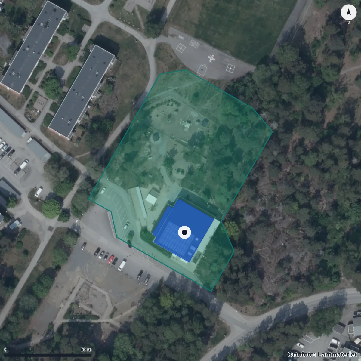 Flygbild över Cykelskogens Förskola, ortofoto från Lantmäteriet