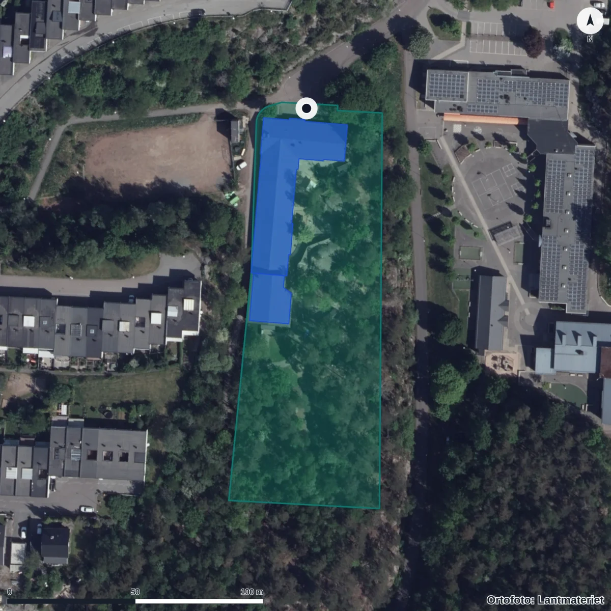 Flygbild över Bredfjällsgatan 72 Förskola, ortofoto från Lantmäteriet