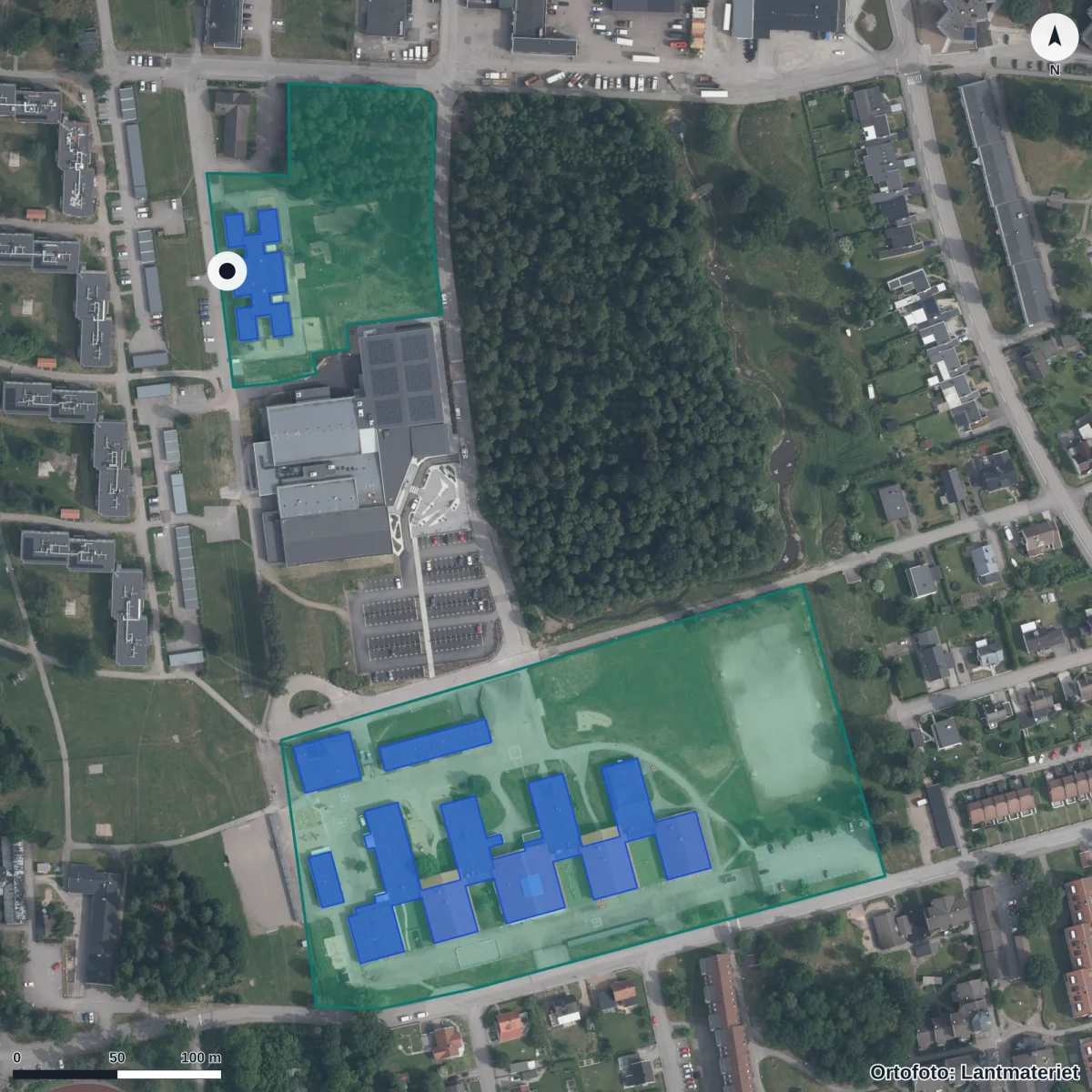 Flygbild över Ängagårdens Förskola, ortofoto från Lantmäteriet
