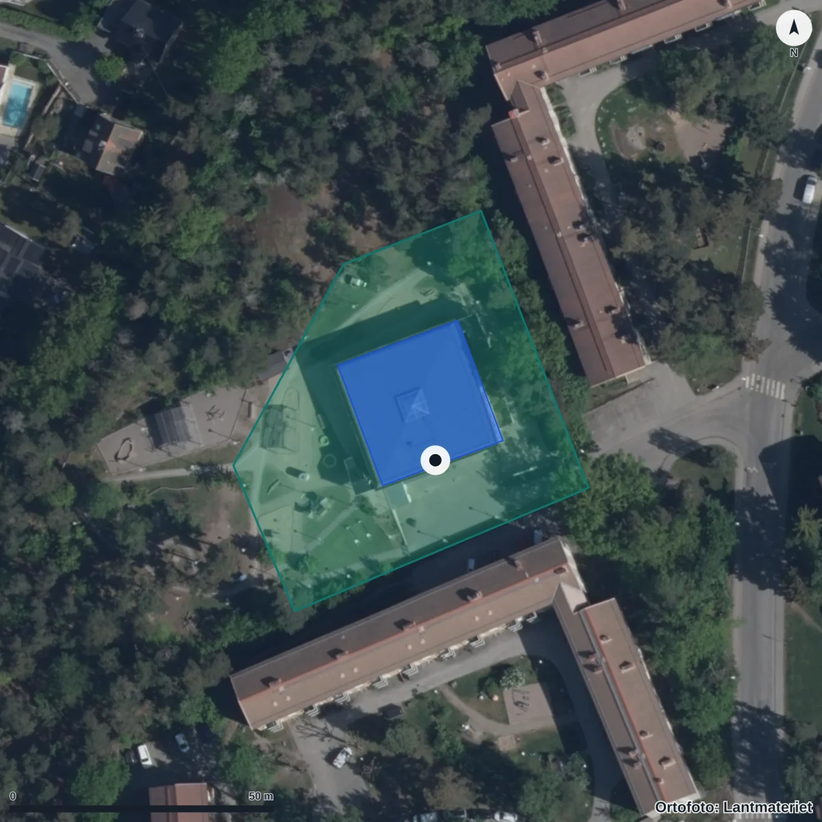 Flygbild över Förskolan Vasan, ortofoto från Lantmäteriet
