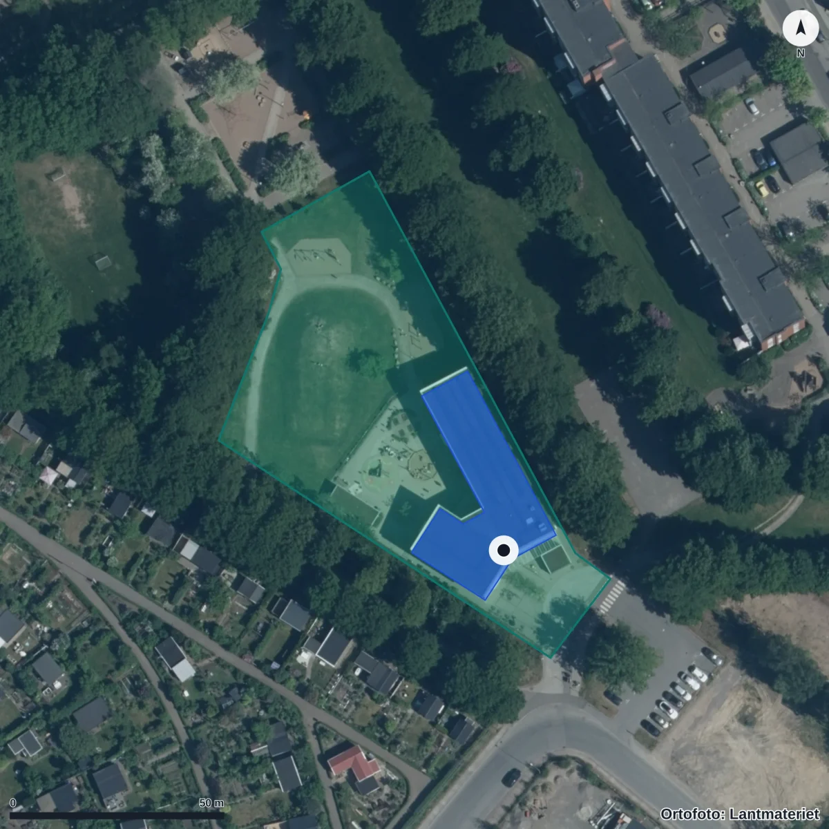 Flygbild över Ringstorpsparkens Förskola, ortofoto från Lantmäteriet