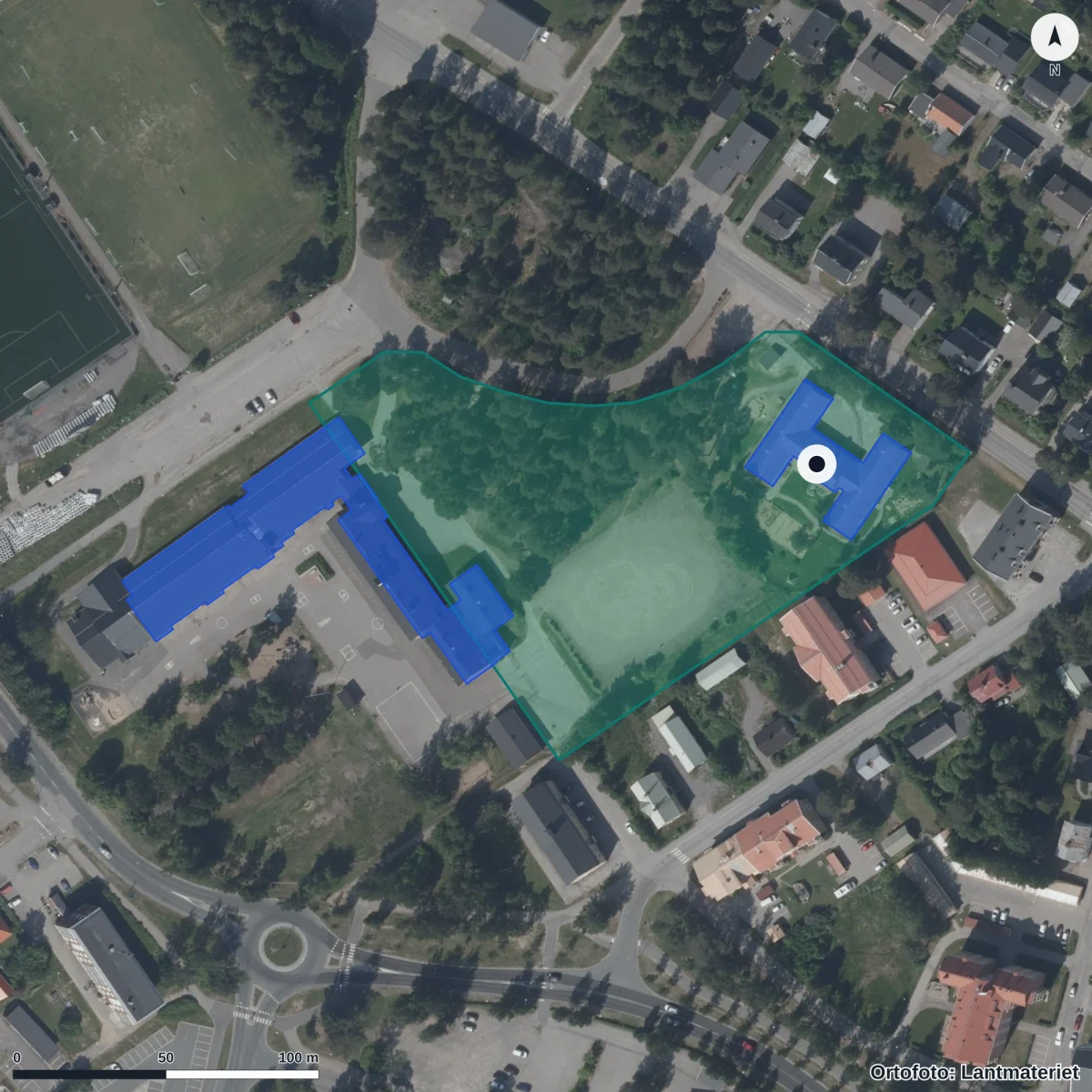 Flygbild över Lyrans Förskola, ortofoto från Lantmäteriet
