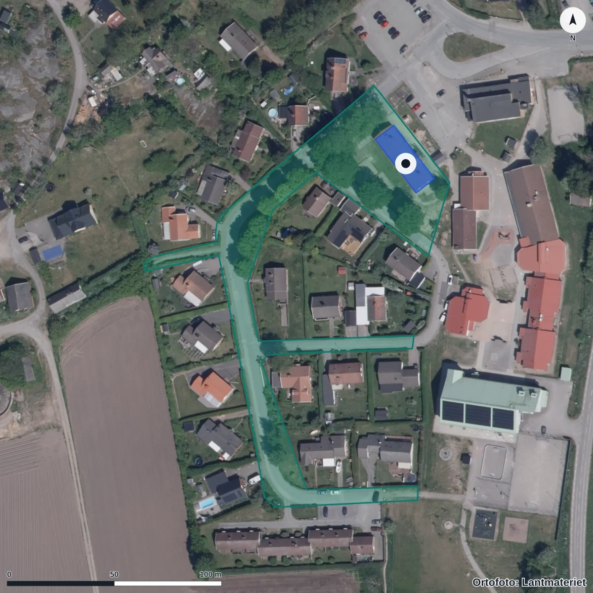 Flygbild över Ramdala Förskola Trummenäs, ortofoto från Lantmäteriet