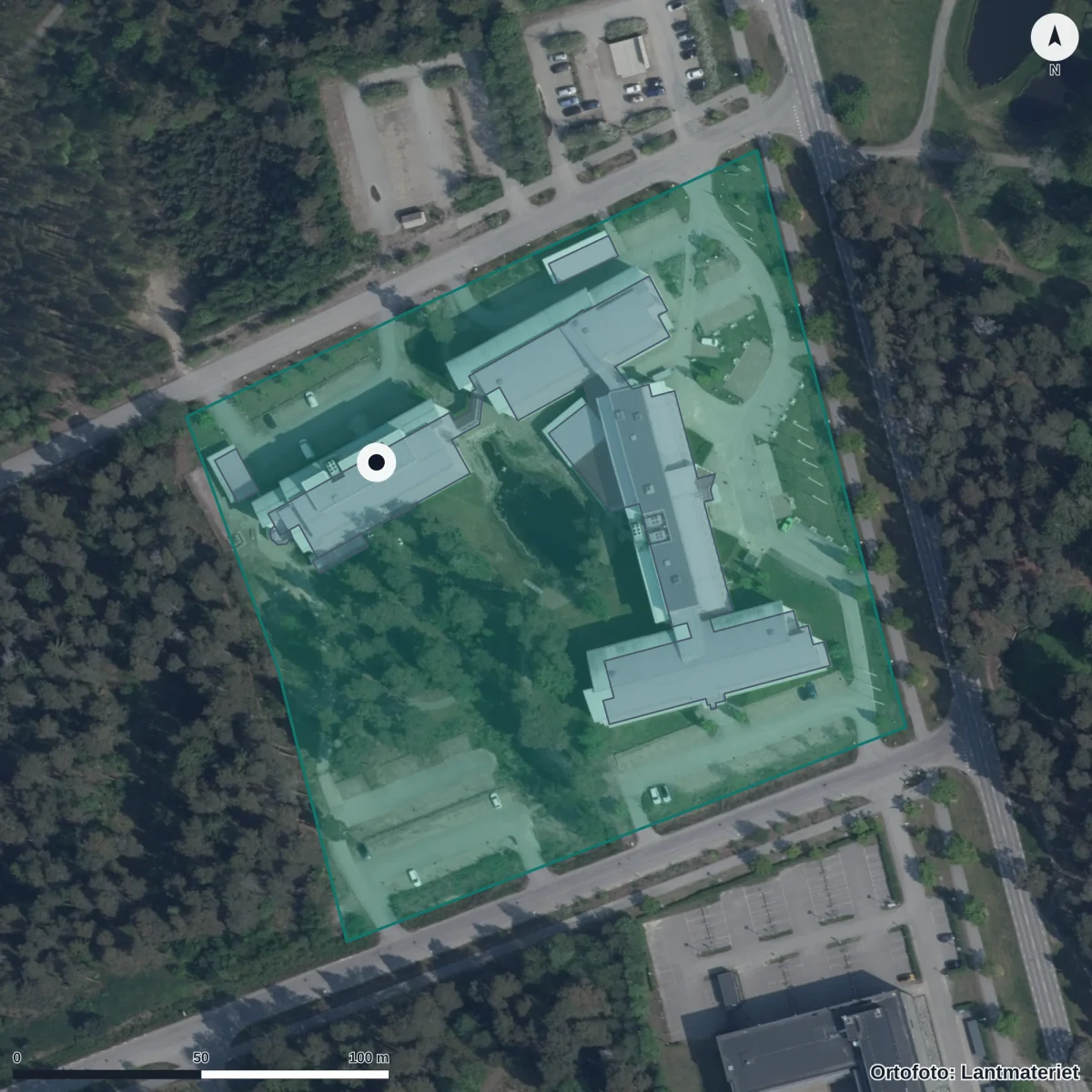Flygbild över Uppfinnarens Förskola, ortofoto från Lantmäteriet