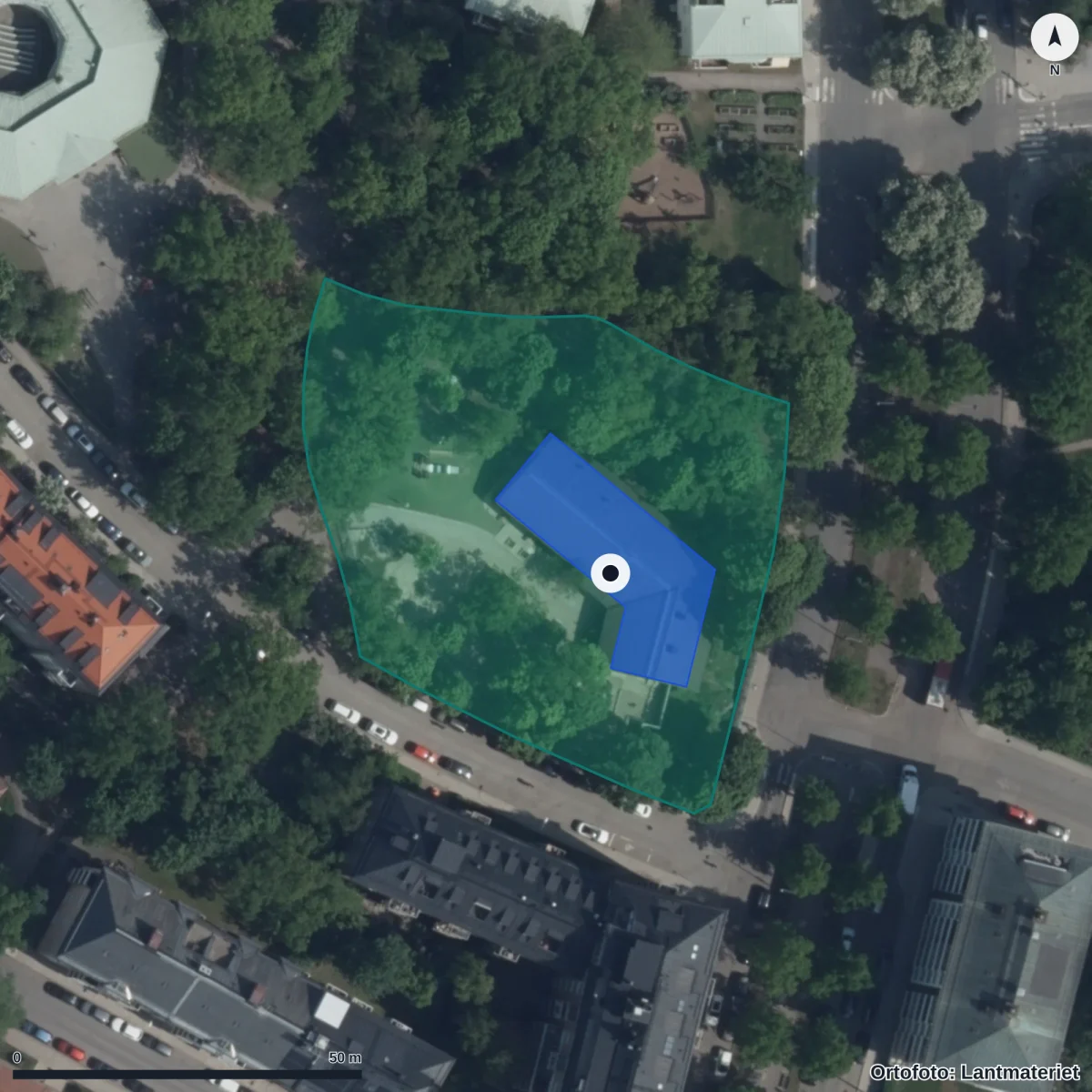Flygbild över Förskolan Olaus Petri, ortofoto från Lantmäteriet