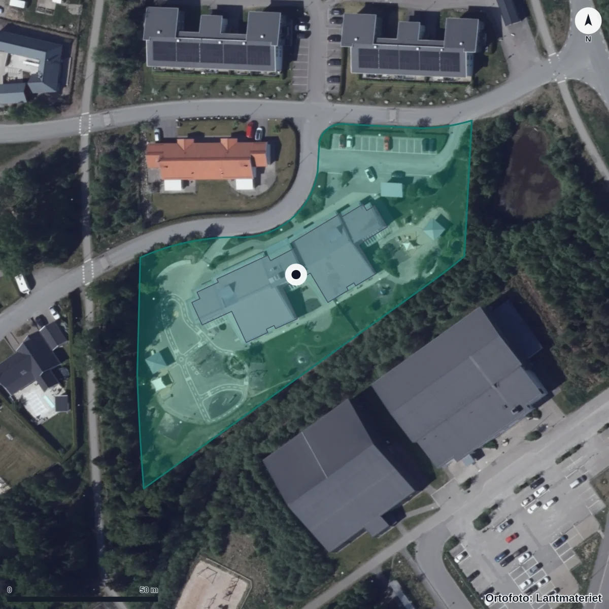Flygbild över Fagerhults Förskola, ortofoto från Lantmäteriet