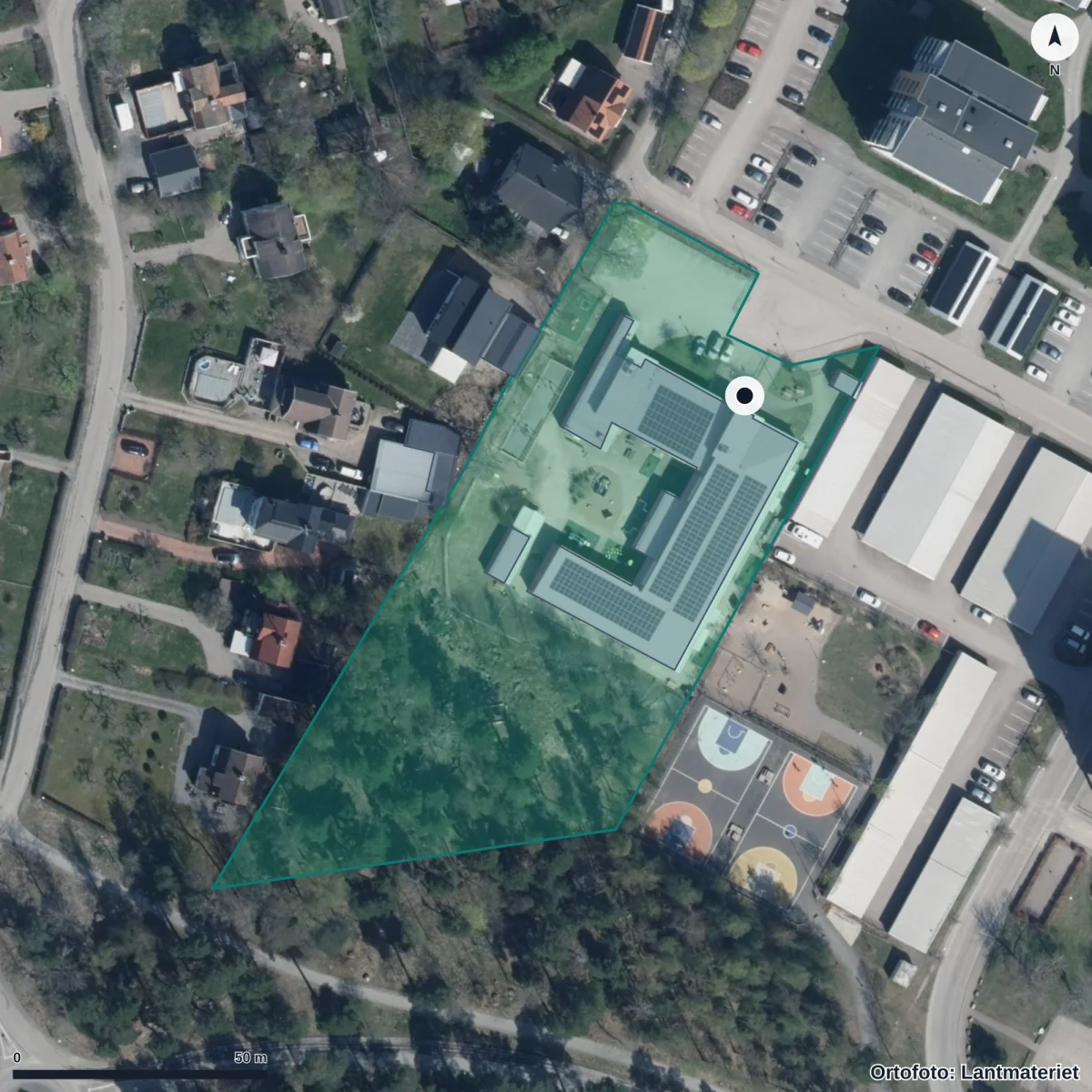 Flygbild över Tunavallens Förskola, ortofoto från Lantmäteriet