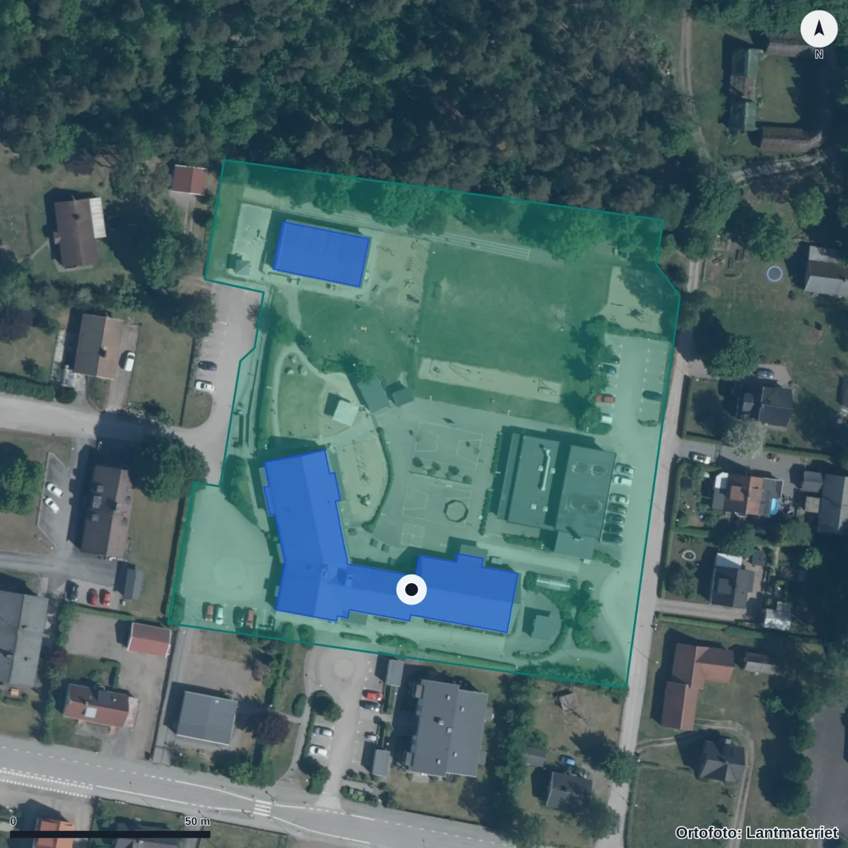 Flygbild över Åkerlyckans Förskola, ortofoto från Lantmäteriet